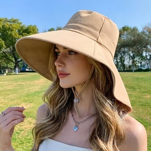 Wide Brim Sun Hat with Neck Flap Foldable Beach Protection Summer Garden Hat with Adjustable Wind Cord for Hiking Fishing Beige in Kuwait