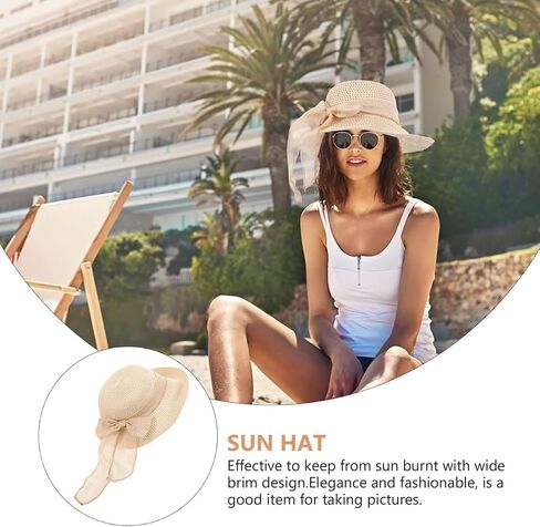 Healeved Women Hats Fashion Large Straw Beach Hat with Bowknot Wide Brim Sun Protection Cap Lightweight for Outdoor Summer Activities in Kuwait