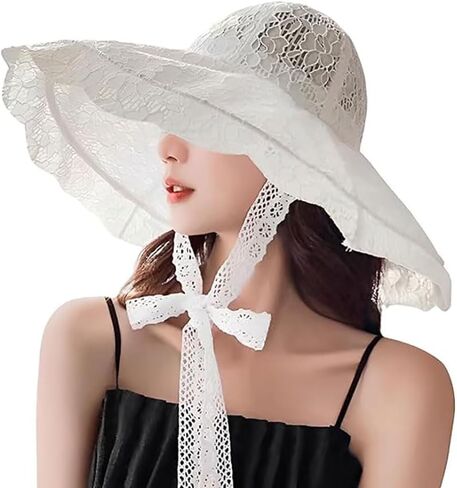 Women Lace Beach Sun Hat Summer Wide Brim Travel Bucket Hat UPF 50+ Bowler Church Dress Hats Floppy Mesh Fishermen Cap in Kuwait