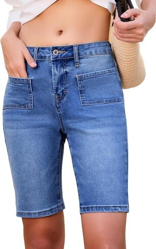 Sidefeel Womens Jean Shorts High Waisted Stretchy Buttoned Knee Length Bermuda Denim Shorts in Kuwait
