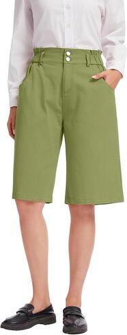 Bermuda Shorts for Women Knee Length High Waisted Cotton Elastic Wasit Summer Dressy Casual Long Chino Shorts in Kuwait