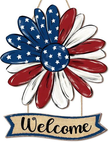 Patriotic Flower Welcome Door Sign, 4th of July Wreath Decorations, Red White Blue Stars Watercolor Rustic Wooden Signs, American Flag USA Independence Day Wall Hanger for Memorial Day Home Decor in Saudi Arabia