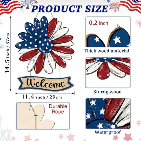 Patriotic Flower Welcome Door Sign, 4th of July Wreath Decorations, Red White Blue Stars Watercolor Rustic Wooden Signs, American Flag USA Independence Day Wall Hanger for Memorial Day Home Decor in Saudi Arabia