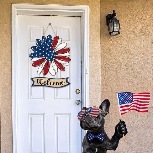 Patriotic Flower Welcome Door Sign, 4th of July Wreath Decorations, Red White Blue Stars Watercolor Rustic Wooden Signs, American Flag USA Independence Day Wall Hanger for Memorial Day Home Decor in Saudi Arabia