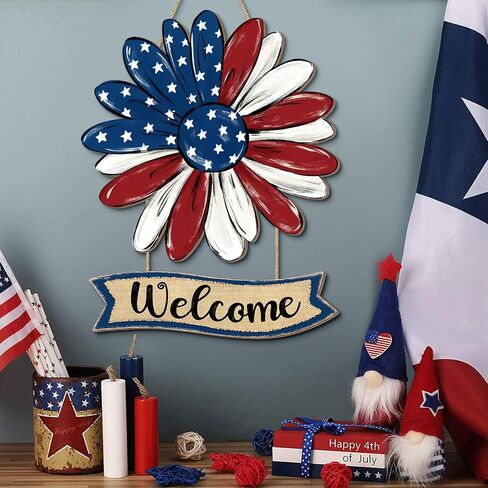 Patriotic Flower Welcome Door Sign, 4th of July Wreath Decorations, Red White Blue Stars Watercolor Rustic Wooden Signs, American Flag USA Independence Day Wall Hanger for Memorial Day Home Decor in Saudi Arabia