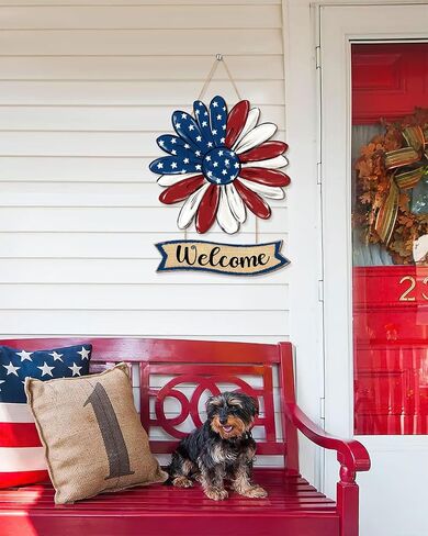 Patriotic Flower Welcome Door Sign, 4th of July Wreath Decorations, Red White Blue Stars Watercolor Rustic Wooden Signs, American Flag USA Independence Day Wall Hanger for Memorial Day Home Decor in Saudi Arabia