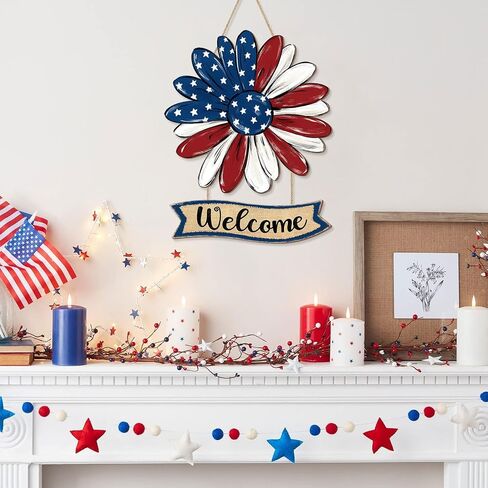 Patriotic Flower Welcome Door Sign, 4th of July Wreath Decorations, Red White Blue Stars Watercolor Rustic Wooden Signs, American Flag USA Independence Day Wall Hanger for Memorial Day Home Decor in Saudi Arabia