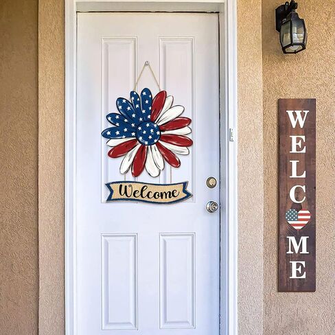 Patriotic Flower Welcome Door Sign, 4th of July Wreath Decorations, Red White Blue Stars Watercolor Rustic Wooden Signs, American Flag USA Independence Day Wall Hanger for Memorial Day Home Decor in Saudi Arabia
