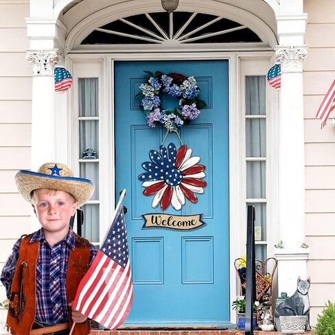 Patriotic Flower Welcome Door Sign, 4th of July Wreath Decorations, Red White Blue Stars Watercolor Rustic Wooden Signs, American Flag USA Independence Day Wall Hanger for Memorial Day Home Decor in Saudi Arabia