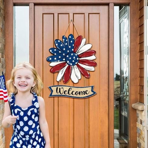 Patriotic Flower Welcome Door Sign, 4th of July Wreath Decorations, Red White Blue Stars Watercolor Rustic Wooden Signs, American Flag USA Independence Day Wall Hanger for Memorial Day Home Decor in Saudi Arabia