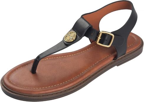 Stratuxx Kaze Womens Wide Strap Thongs Flat Sandals Adjustable Buckle Comfortable Dressy T-Strap Summer Shoes for Beach Daily in Saudi Arabia