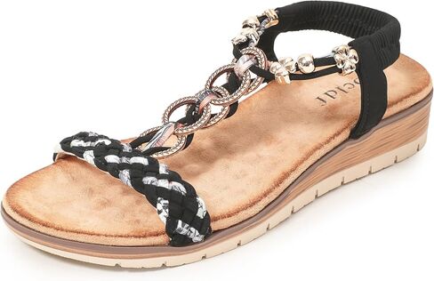 Women's Boho T-Strap Wedge Sandals Open Toe Elastic Ankle Strap Comfortable Dressy Casual Walking Summer Vacation Shoes in Saudi Arabia