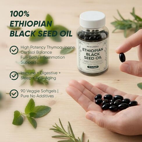 Ethiopian Black Seed Oil, Organic Cold Pressed 100% Pure Black Seed Oil 800mg Supplement, Supports Immune & Digestive Health, Easy-to-Swallow, 90 Count in Saudi Arabia