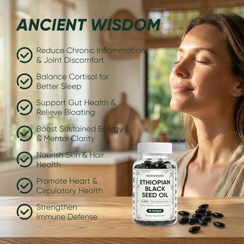 Ethiopian Black Seed Oil, Organic Cold Pressed 100% Pure Black Seed Oil 800mg Supplement, Supports Immune & Digestive Health, Easy-to-Swallow, 90 Count in Saudi Arabia