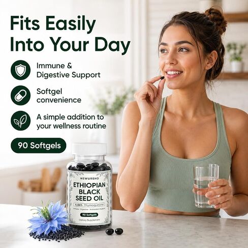 Ethiopian Black Seed Oil, Organic Cold Pressed 100% Pure Black Seed Oil 800mg Supplement, Supports Immune & Digestive Health, Easy-to-Swallow, 90 Count in Saudi Arabia