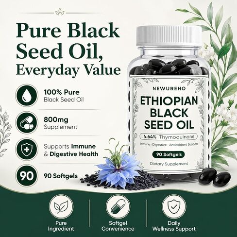 Ethiopian Black Seed Oil, Organic Cold Pressed 100% Pure Black Seed Oil 800mg Supplement, Supports Immune & Digestive Health, Easy-to-Swallow, 90 Count in Saudi Arabia