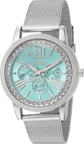 XOXO Women's Silver-Tone Analog Watch with Crystal Bezel and Aqua Blue Dial – Mesh Band Dress Watch with Faux Chrono Look Fits Wrists 5.5"-8" in Gift Box in Saudi Arabia