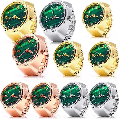 Landical 10 Pcs Finger Watches for Women Men Adjustable Metal Clock Rings Bulk with Elastic Band Creative Round Green Dial Quartz Finger Watches Jewelry Gifts in Kuwait