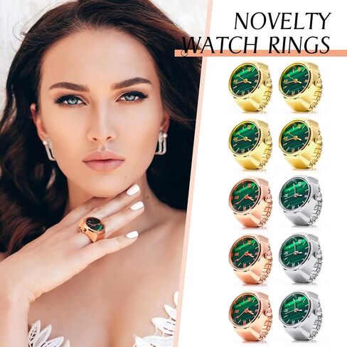 Landical 10 Pcs Finger Watches for Women Men Adjustable Metal Clock Rings Bulk with Elastic Band Creative Round Green Dial Quartz Finger Watches Jewelry Gifts in Kuwait