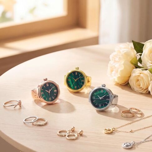 Landical 10 Pcs Finger Watches for Women Men Adjustable Metal Clock Rings Bulk with Elastic Band Creative Round Green Dial Quartz Finger Watches Jewelry Gifts in Kuwait