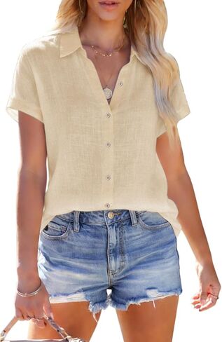 Linen Shirts for Women Short Sleeve Button Down Shirts Casual Solid Blouse Vacation Beach Summer Tops Concert Outfit - Apricot L in Saudi Arabia