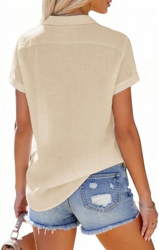 Linen Shirts for Women Short Sleeve Button Down Shirts Casual Solid Blouse Vacation Beach Summer Tops Concert Outfit - Apricot L in Saudi Arabia