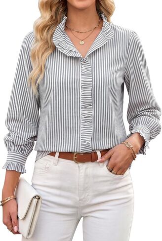 Blooming Jelly Blouses for Women Dressy Casual Striped Long Sleeve Shirts Ruffle V Neck Tops Summer Business Outfits in Kuwait