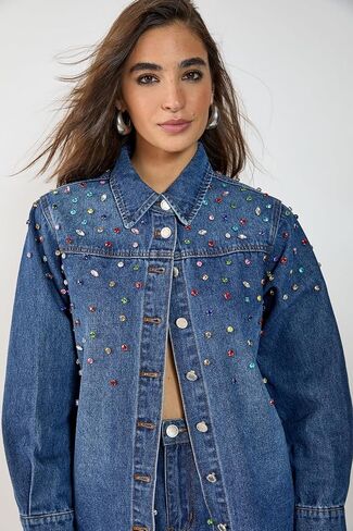 Nasty Gal Denim Jewel Long Sleeve Shirt in Kuwait