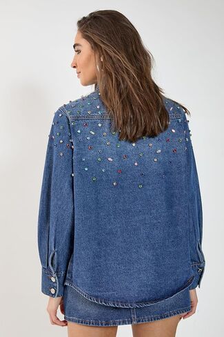 Nasty Gal Denim Jewel Long Sleeve Shirt in Kuwait