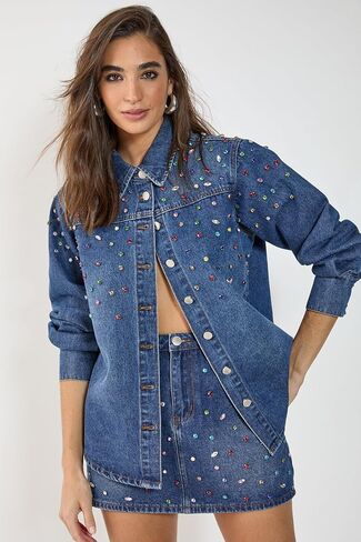 Nasty Gal Denim Jewel Long Sleeve Shirt in Kuwait