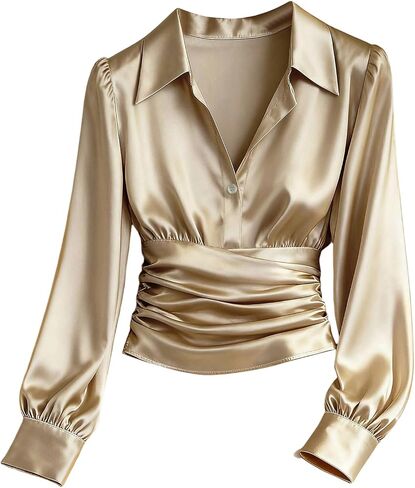 GORGLITTER Women's Satin Long Sleeve Blouse Button Down Ruched Cinched Waist Dressy Casual Business Work Tops in Kuwait