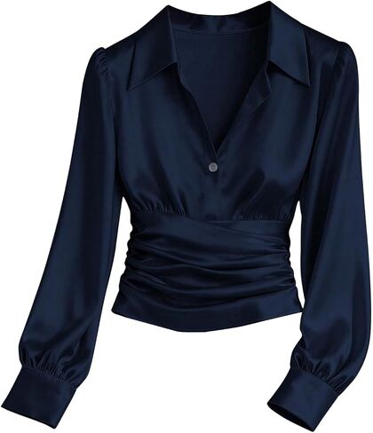GORGLITTER Women's Satin Long Sleeve Blouse Button Down Ruched Cinched Waist Dressy Casual Business Work Tops in Kuwait