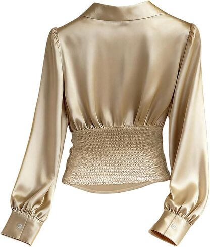 GORGLITTER Women's Satin Long Sleeve Blouse Button Down Ruched Cinched Waist Dressy Casual Business Work Tops in Kuwait
