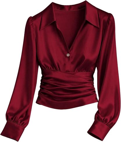 GORGLITTER Women's Satin Long Sleeve Blouse Button Down Ruched Cinched Waist Dressy Casual Business Work Tops in Kuwait