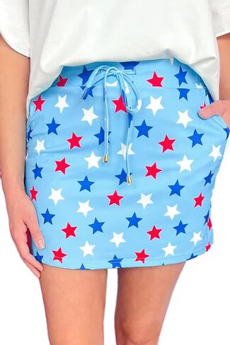 Womens Casual Skirt Patriotic Star Drawstring High Waisted Built-in Shorts Mini Skorts with Pockets in Saudi Arabia