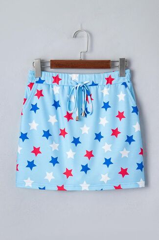 Womens Casual Skirt Patriotic Star Drawstring High Waisted Built-in Shorts Mini Skorts with Pockets in Saudi Arabia