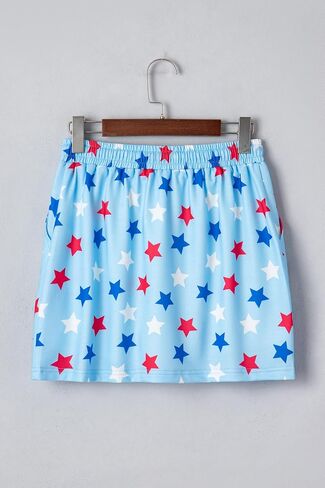 Womens Casual Skirt Patriotic Star Drawstring High Waisted Built-in Shorts Mini Skorts with Pockets in Saudi Arabia