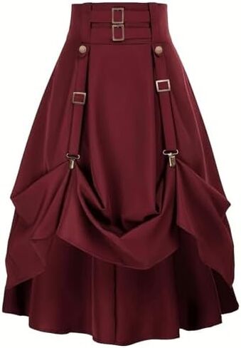 تنورة Steampunk عالية الخصر للنساء بمقاس كبير، تنورة متوسطة الطول بحاشية مكشكشة غير متناظرة مع أشرطة بإبزيم in Kuwait