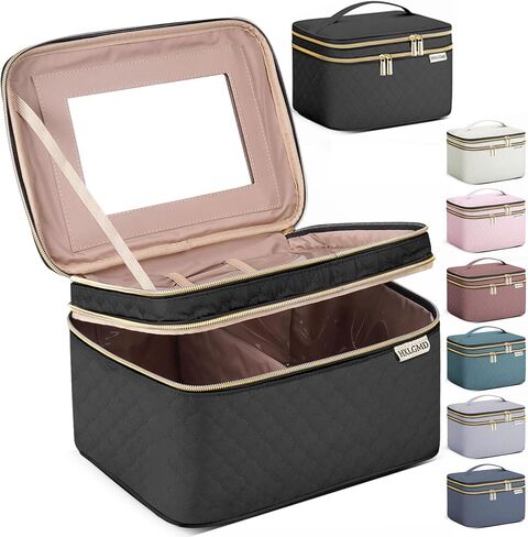 HXLGMD Large Makeup Bag with Mirror Double Layer Travel Make Up Organizer Case, Large Capacity Coemetic with Brush Slot Divider, Travel Toiletry Bag for Women (Pink) in Saudi Arabia
