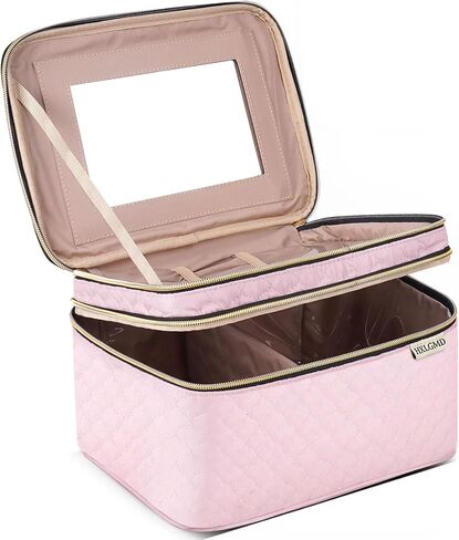 HXLGMD Large Makeup Bag with Mirror Double Layer Travel Make Up Organizer Case, Large Capacity Coemetic with Brush Slot Divider, Travel Toiletry Bag for Women (Pink) in Saudi Arabia