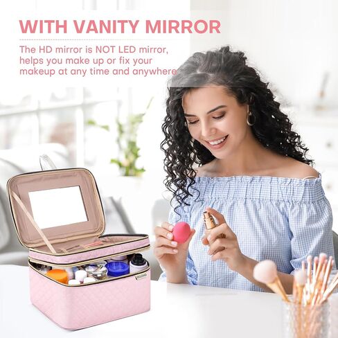 HXLGMD Large Makeup Bag with Mirror Double Layer Travel Make Up Organizer Case, Large Capacity Coemetic with Brush Slot Divider, Travel Toiletry Bag for Women (Pink) in Saudi Arabia