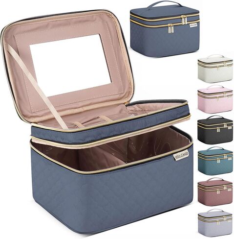 HXLGMD Large Makeup Bag with Mirror Double Layer Travel Make Up Organizer Case, Large Capacity Coemetic with Brush Slot Divider, Travel Toiletry Bag for Women (Pink) in Saudi Arabia