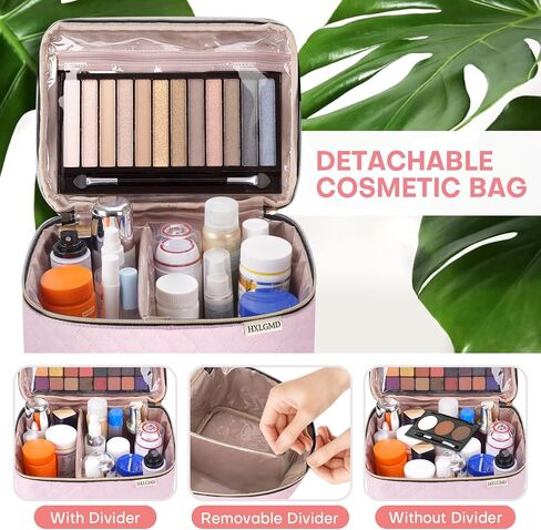 HXLGMD Large Makeup Bag with Mirror Double Layer Travel Make Up Organizer Case, Large Capacity Coemetic with Brush Slot Divider, Travel Toiletry Bag for Women (Pink) in Saudi Arabia