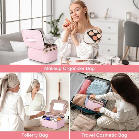 HXLGMD Large Makeup Bag with Mirror Double Layer Travel Make Up Organizer Case, Large Capacity Coemetic with Brush Slot Divider, Travel Toiletry Bag for Women (Pink) in Saudi Arabia