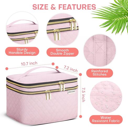 HXLGMD Large Makeup Bag with Mirror Double Layer Travel Make Up Organizer Case, Large Capacity Coemetic with Brush Slot Divider, Travel Toiletry Bag for Women (Pink) in Saudi Arabia