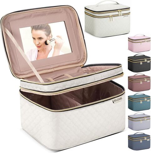 HXLGMD Large Makeup Bag with Mirror Double Layer Travel Make Up Organizer Case, Large Capacity Coemetic with Brush Slot Divider, Travel Toiletry Bag for Women (Pink) in Saudi Arabia