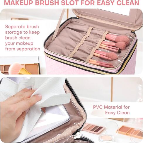HXLGMD Large Makeup Bag with Mirror Double Layer Travel Make Up Organizer Case, Large Capacity Coemetic with Brush Slot Divider, Travel Toiletry Bag for Women (Pink) in Saudi Arabia
