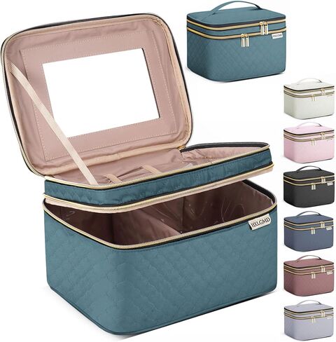 HXLGMD Large Makeup Bag with Mirror Double Layer Travel Make Up Organizer Case, Large Capacity Coemetic with Brush Slot Divider, Travel Toiletry Bag for Women (Pink) in Saudi Arabia