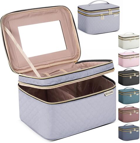 HXLGMD Large Makeup Bag with Mirror Double Layer Travel Make Up Organizer Case, Large Capacity Coemetic with Brush Slot Divider, Travel Toiletry Bag for Women (Pink) in Saudi Arabia