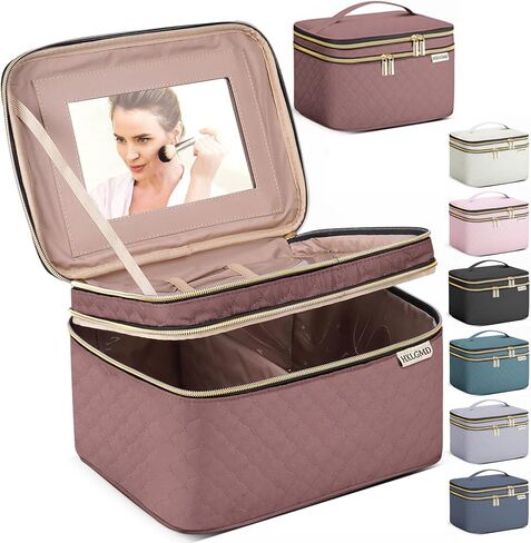 HXLGMD Large Makeup Bag with Mirror Double Layer Travel Make Up Organizer Case, Large Capacity Coemetic with Brush Slot Divider, Travel Toiletry Bag for Women (Pink) in Saudi Arabia
